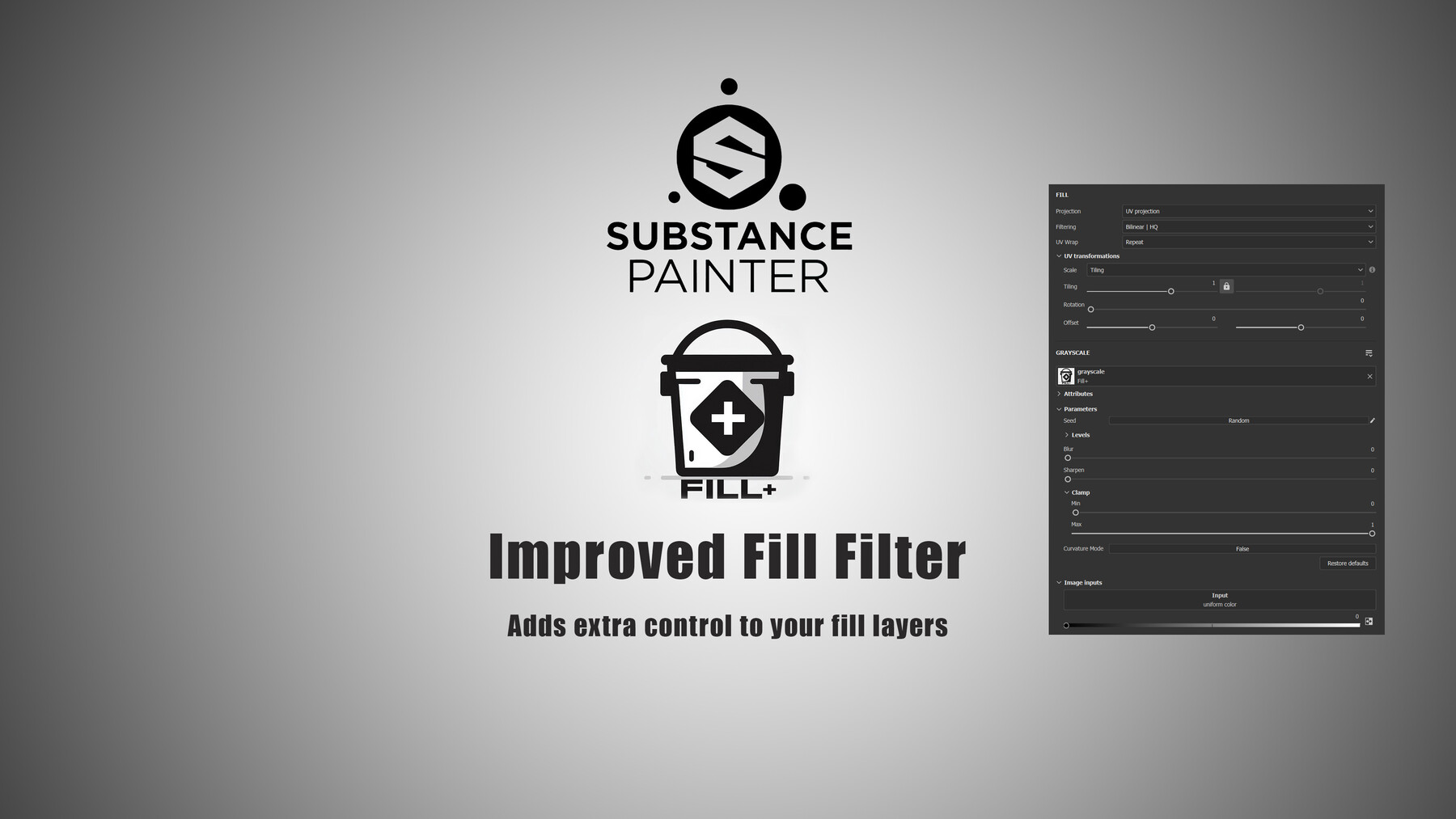 Substance Painter logo with "Improved Fill Filter" text. Gray gradient background, interface panel on the right, providing extra fill layer control.