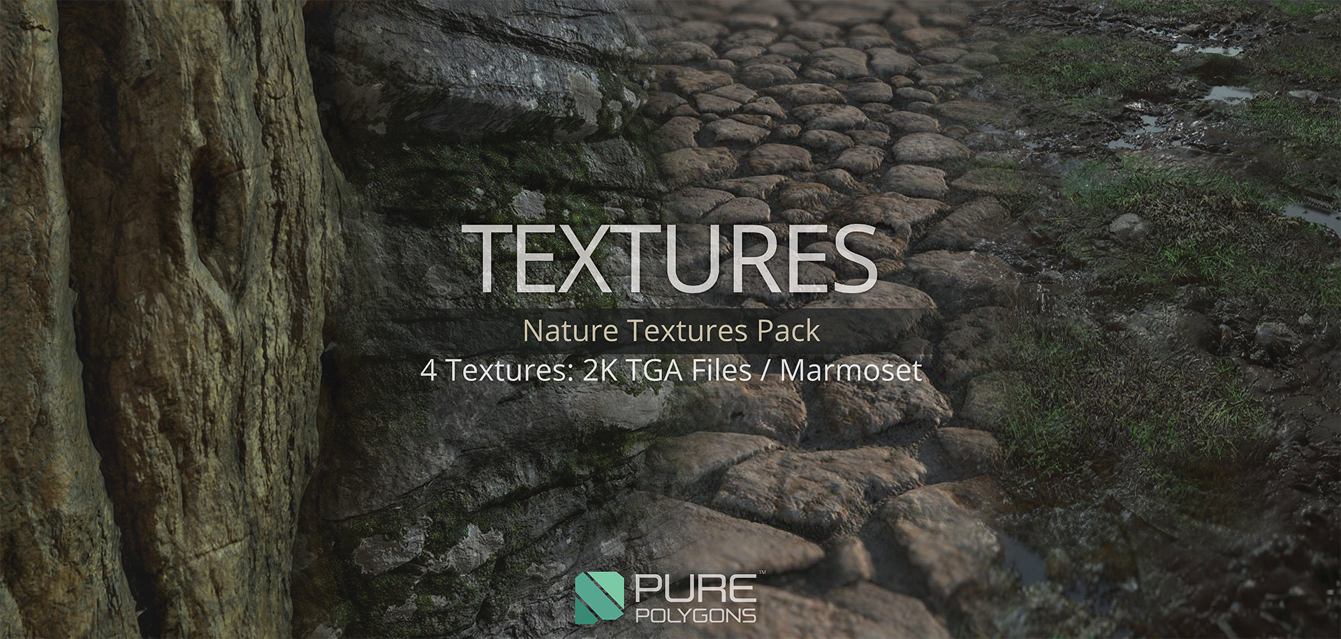 Close-up of natural textures, including tree bark, stones, and grass. Text overlaid: "Textures, Nature Textures Pack, 4 Textures: 2K TGA Files / Marmoset, PURE Polygons."