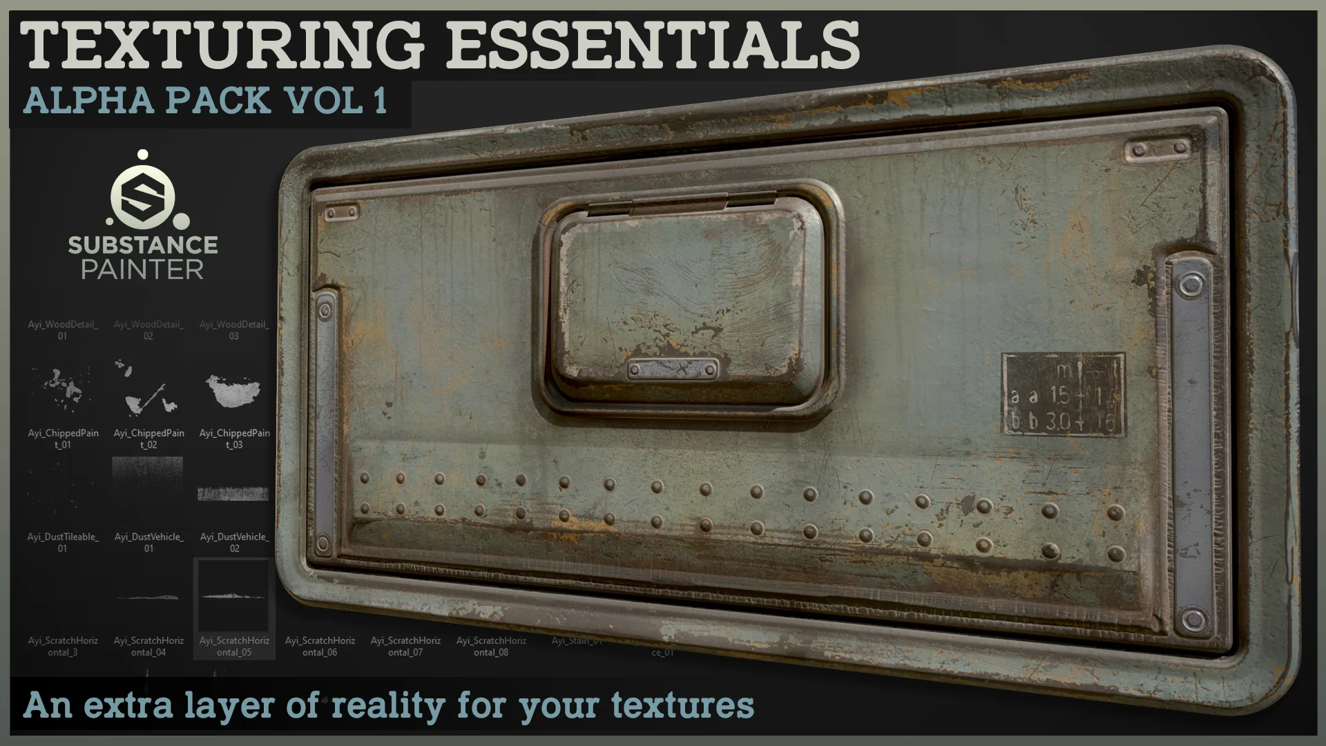 Rusty metal panel with rivets, featured in a "Texturing Essentials Alpha Pack Vol 1" ad for Substance Painter. Text: "An extra layer of reality."