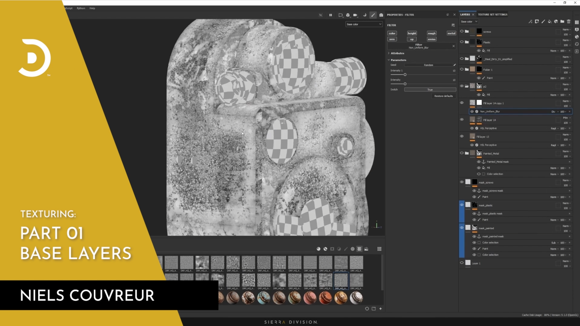 3D object with checkerboard textures in design software. Text reads "Texturing: Part 01 Base Layers" by Niels Couvreur. Yellow side panel.