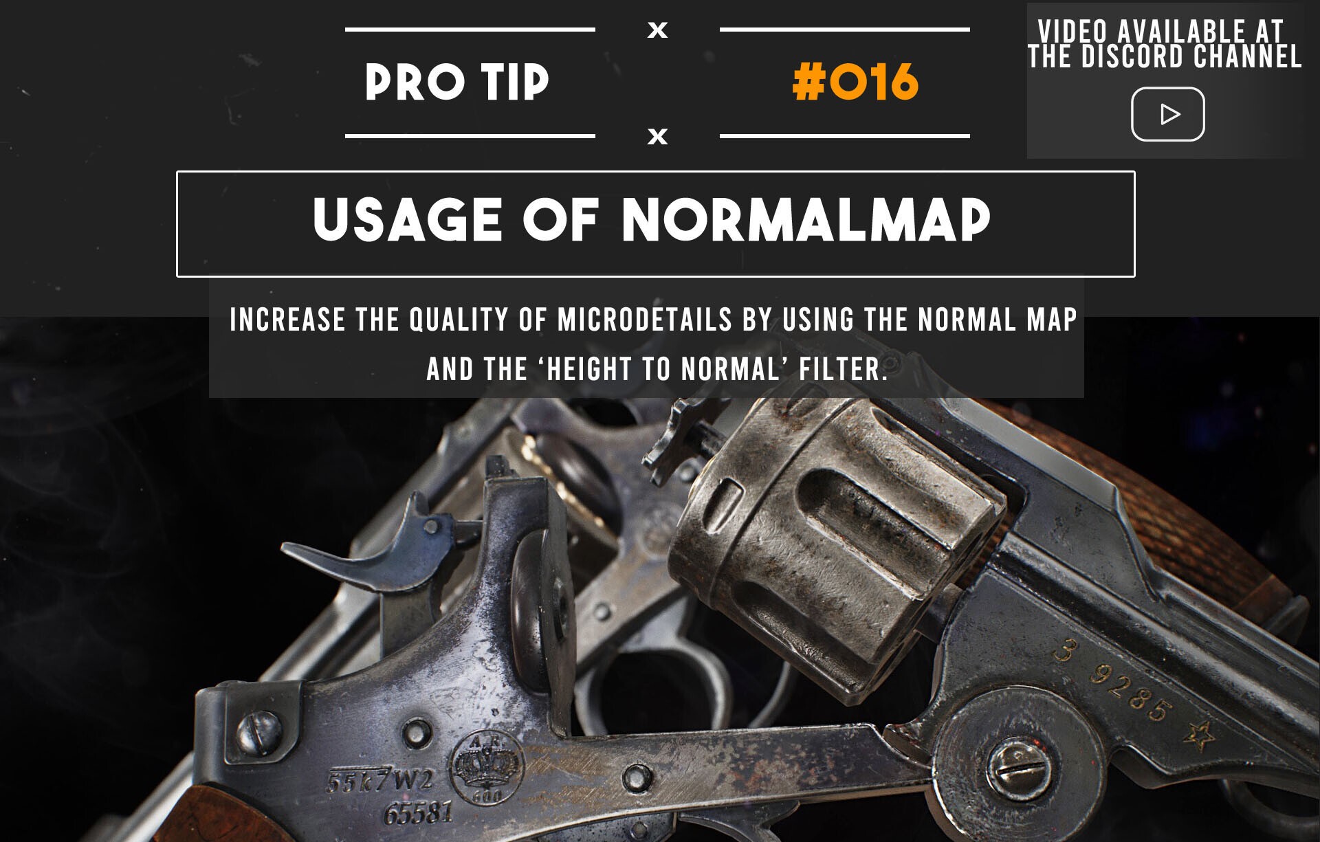 Normal map tutorial image with metallic objects. Text: "Pro Tip #016: Usage of Normalmap. Enhance microdetails with normal map and 'Height to Normal' filter." Dark background.