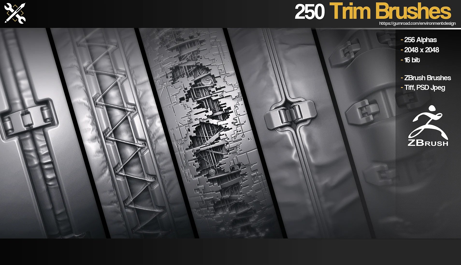 Various metallic texture patterns displayed for ZBrush brushes. Text highlights 250 Trim Brushes, details, and logo on a sleek background.