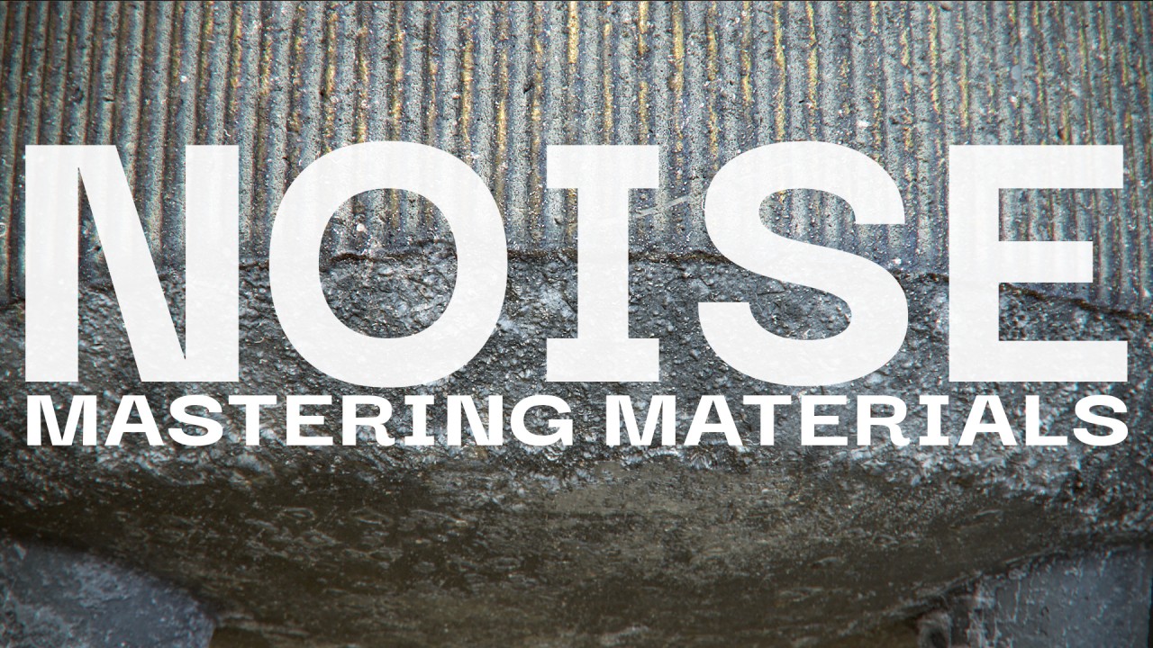 Bold white text "NOISE MASTERING MATERIALS" over textured, corrugated gray and brown surface, conveying a gritty, industrial theme.